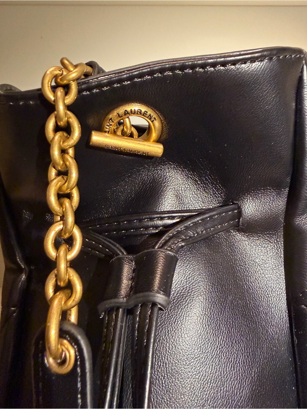 Black Quilted Leather Drawstring Tote with Gold - Picture 4 of 6